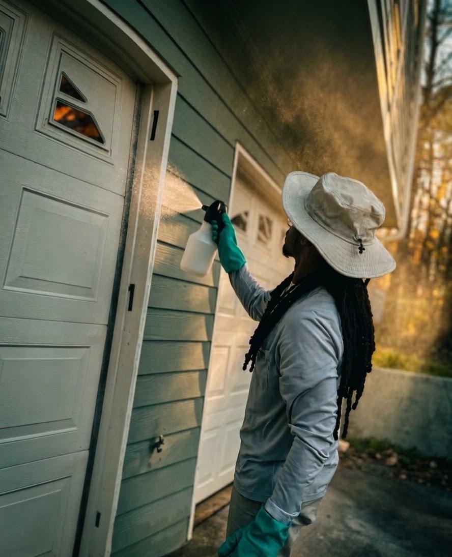 Pest control technician treating a residential garage exterior with professional spray equipment
